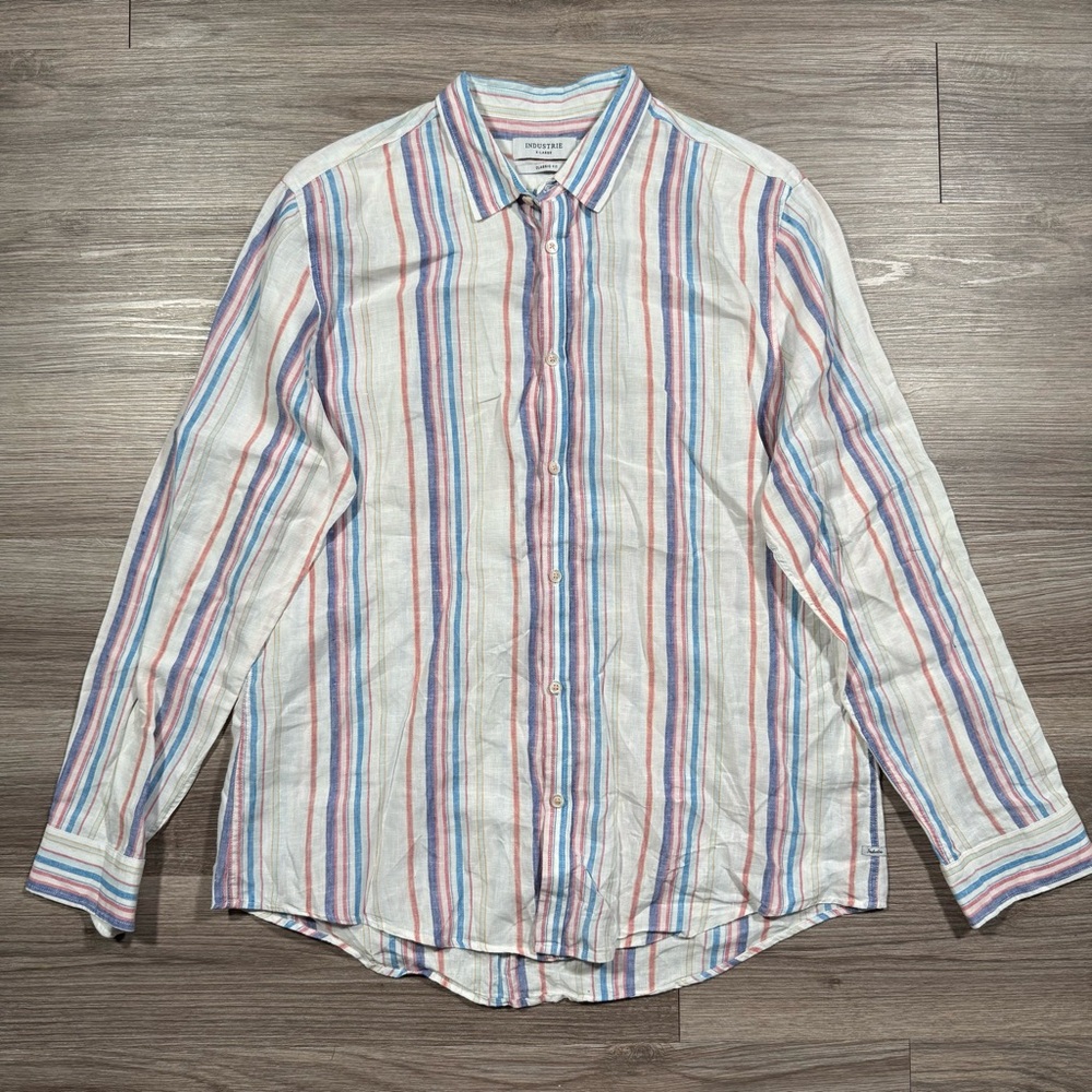 Men’s Industrie Australia Classic Fit Linen Blend Striped Button Down Size XL